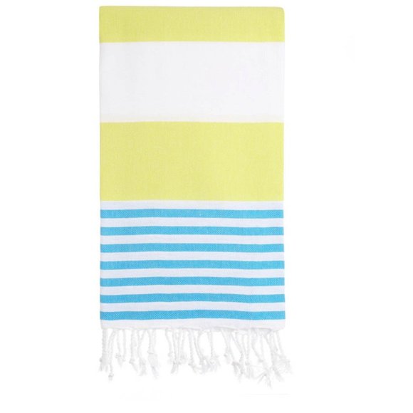 4 Yellow Turquoise Striped Beach Bath Towels - 100% Turkish Cotton - Picture 1 of 6
